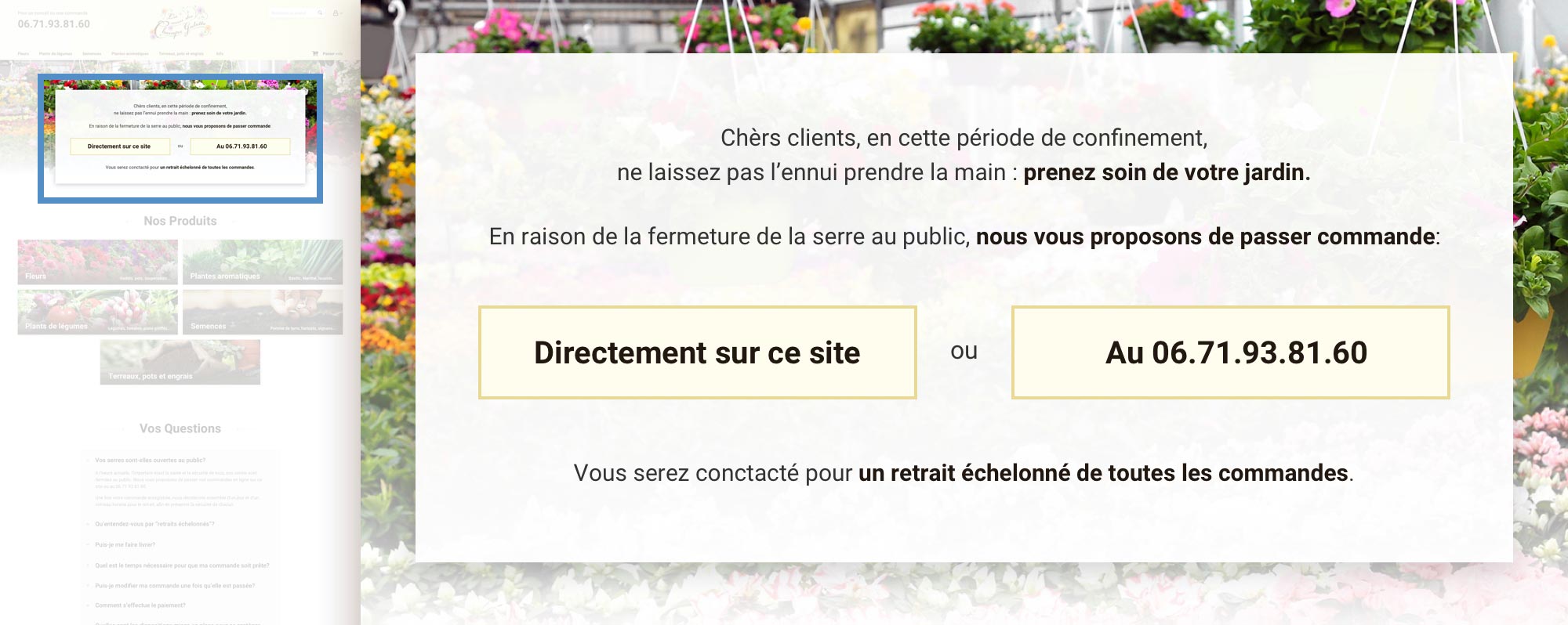 The lockdown information block on the Champs Galottes home page