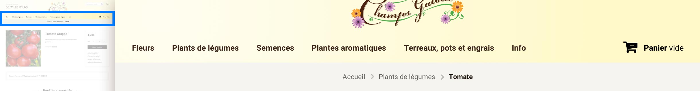 The Champs Galottes navigation bar: six categories, a search field and a cart
