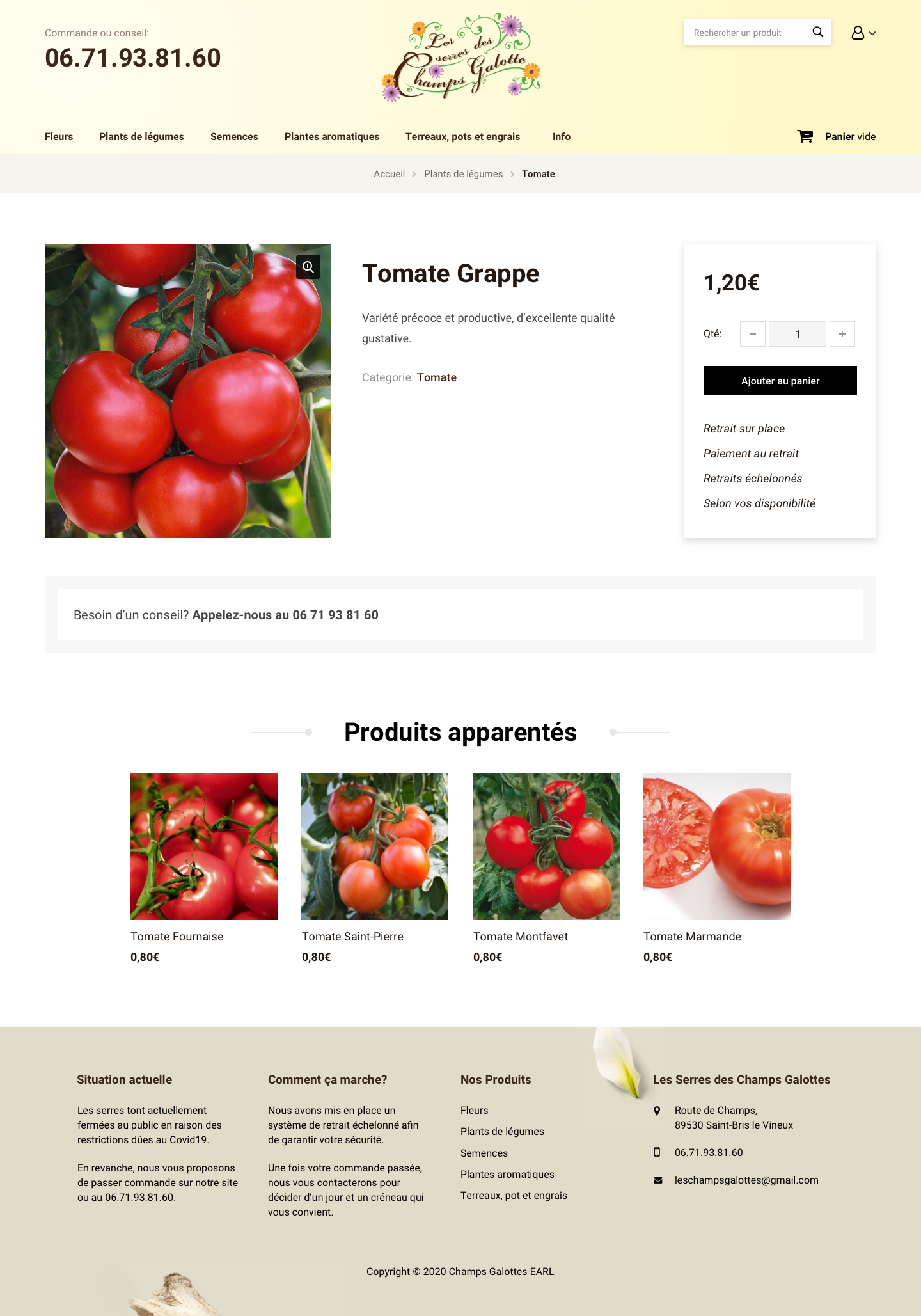 A Champs Galottes product page for a tomato plant